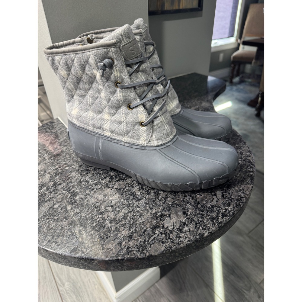 STQ Women's Gray Plaid Quilted Duck Boots Side Zip Lace Up Size 11‎